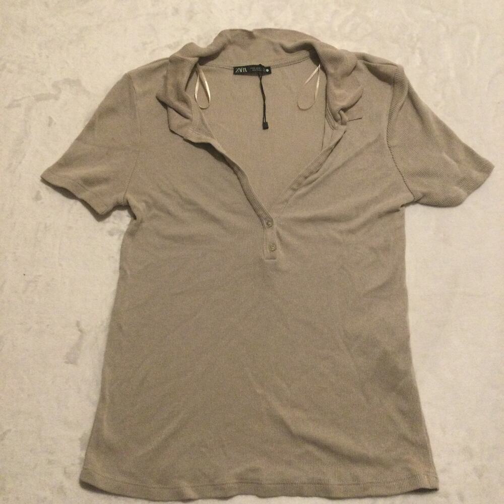 Zara Polo Shirt Womens Small Beige Viscose Ribbed Knit Minimalist Chic Top S